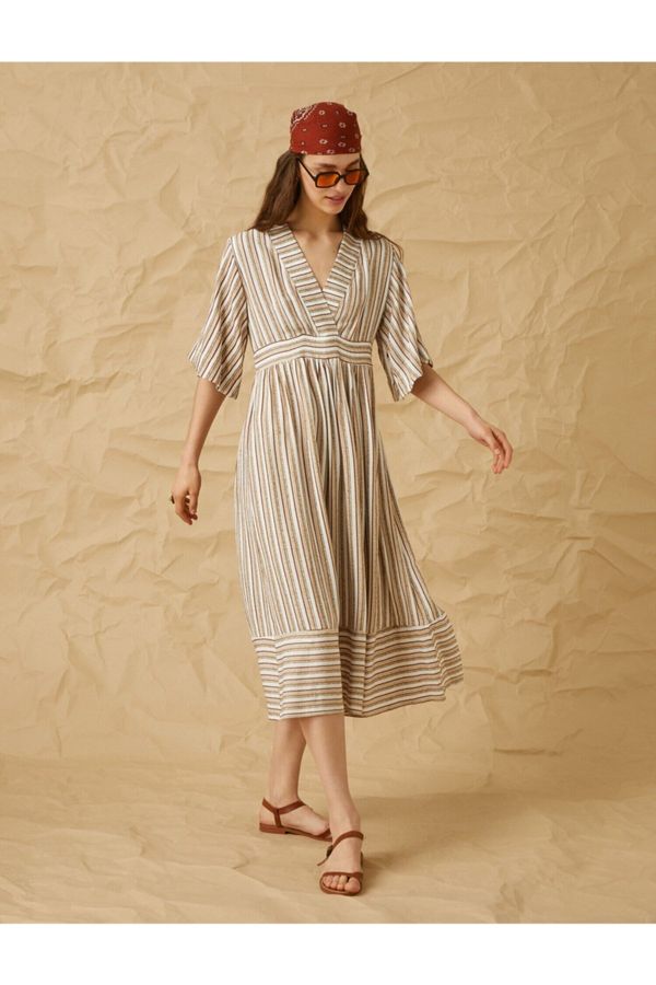 Koton Koton Short Flowy Sleeve V-Neck Striped Long Dress