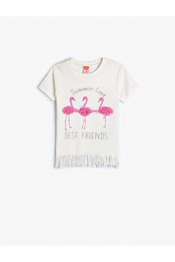 Koton Koton Short Sleeve Tasseled T-Shirt Crew Neck Appliqué Flamingo Printed Cotton