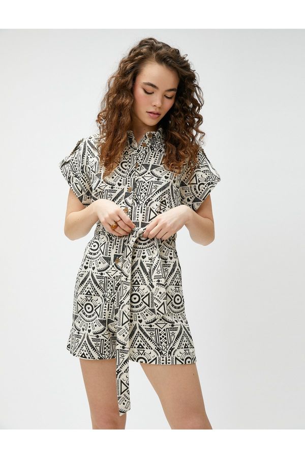 Koton Koton Shorts Overalls Short Sleeve Buttoned Ethnic Patterned Belted Waist