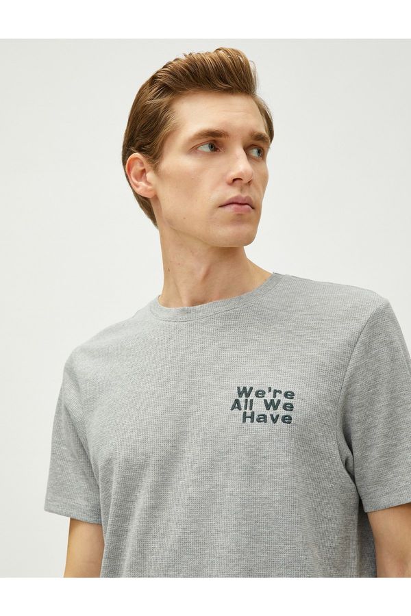 Koton Koton Slogan Embroidered T-Shirt Crew Neck Textured Short Sleeve