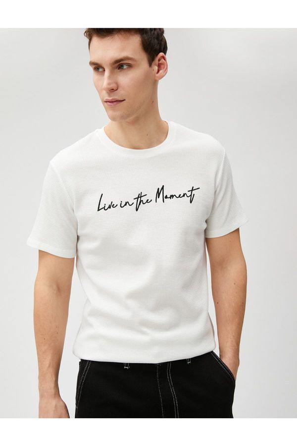 Koton Koton Slogan Embroidered T-Shirt Textured Crew Neck Cotton Short Sleeve