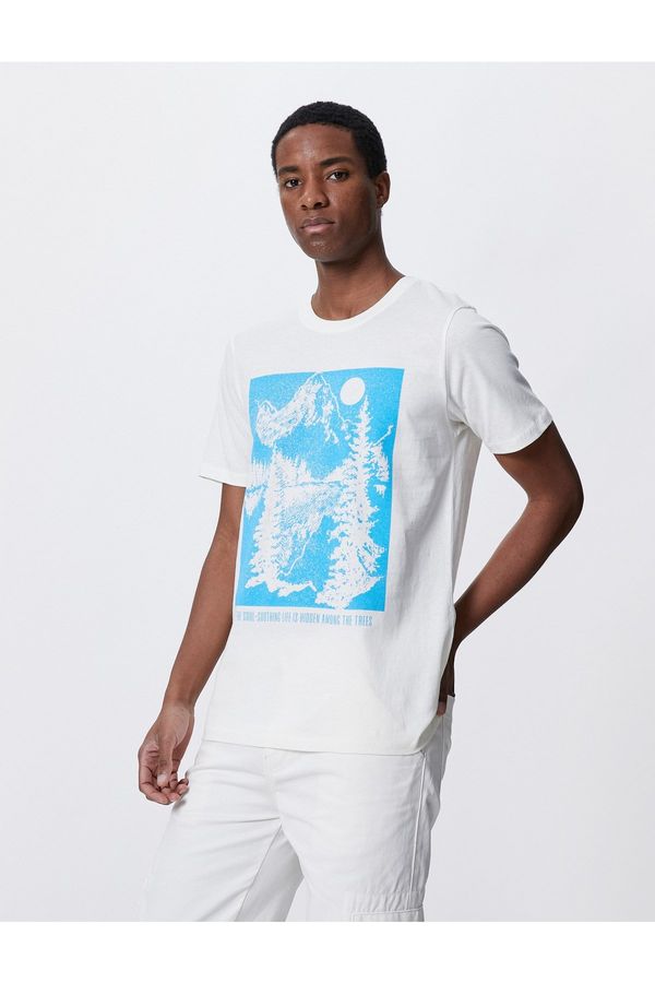 Koton Koton Slogan Printed T-Shirt with a Landscape Detail, Slim Fit Crew Neck Cotton.