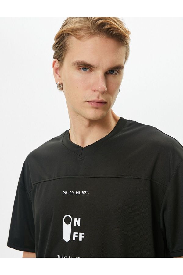 Koton Koton Sports T-Shirt V-Neck Stitch Detail Slogan Printed Short Sleeve