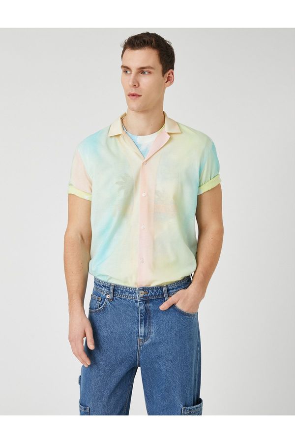 Koton Koton Summer Shirt with Short Sleeves, Tie-Dyeing Look Notched Collar.