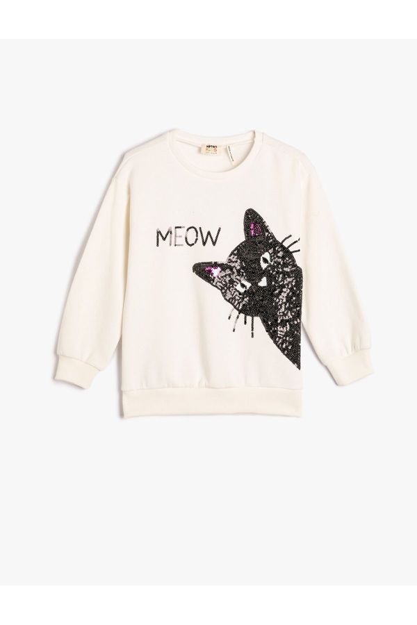 Koton Koton Sweatshirt Cat Stamp-Sequin Embroidered Rose Gold Crew Neck