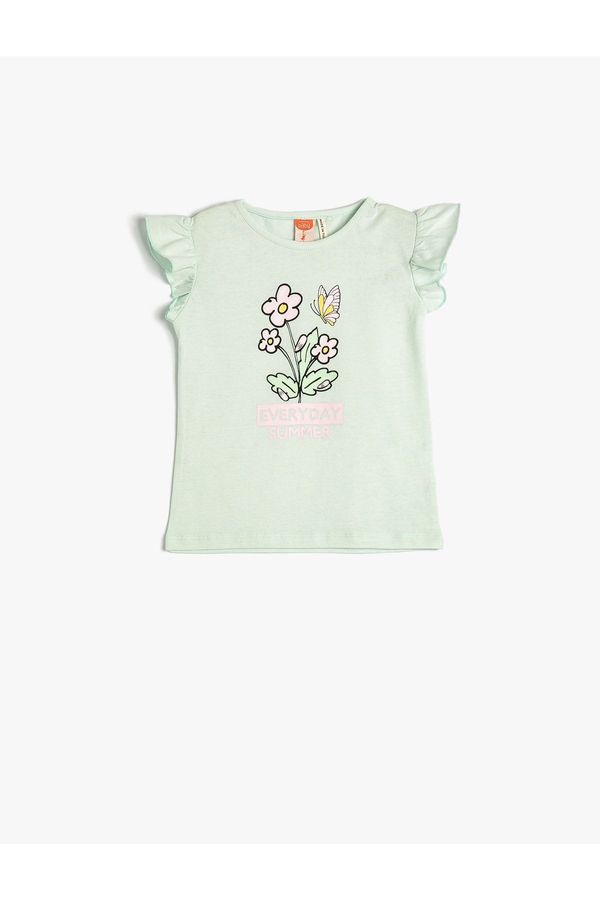 Koton Koton T-Shirt Crew Neck Sleeveless Ruffle Floral Print Cotton