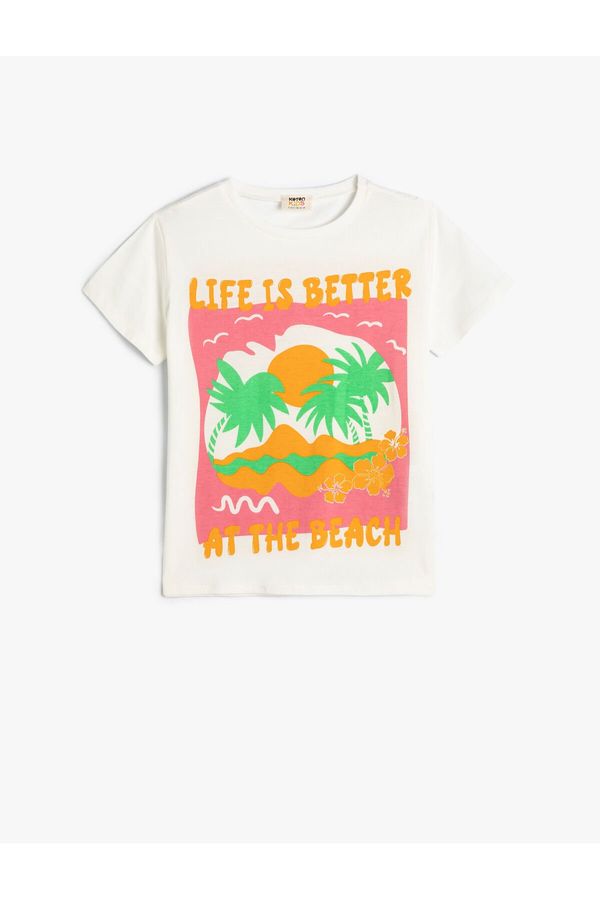 Koton Koton T-Shirt Short Sleeve Crew Neck Summer Themed Print Detailed Cotton