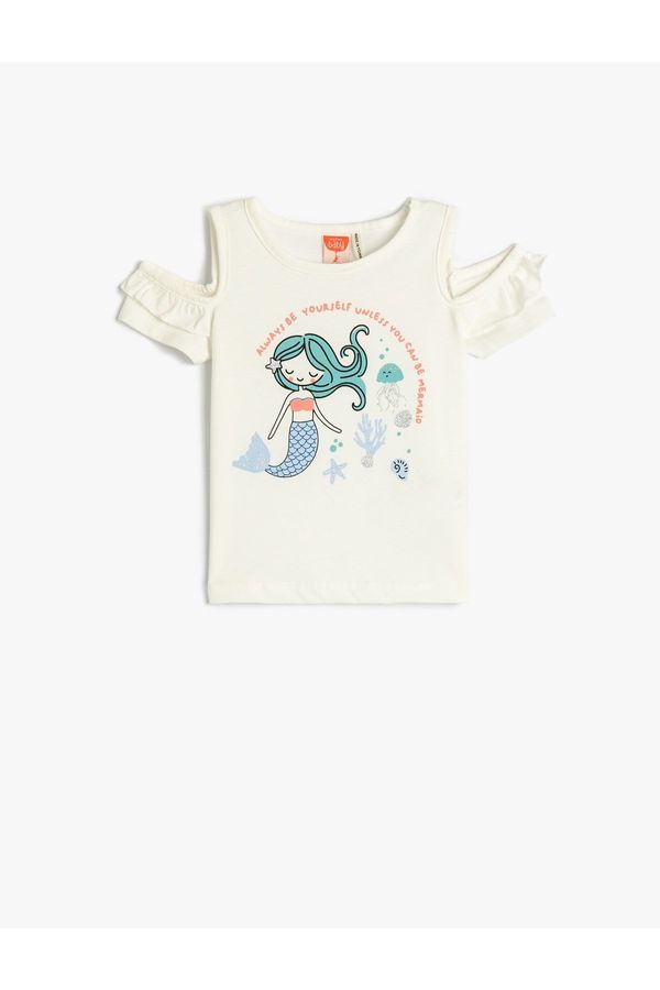 Koton Koton T-Shirt Short Sleeves Window Detail Mermaid Print Cotton