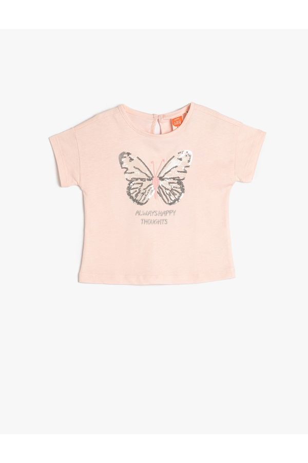 Koton Koton T-Shirt with Butterfly Sequins Embroidered Short Sleeves Crew Neck Cotton