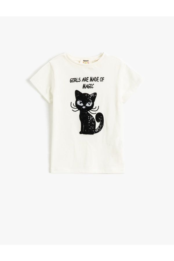 Koton Koton T-shirt with Short Sleeves, Crew Neck Cat Sequins Embroidered.