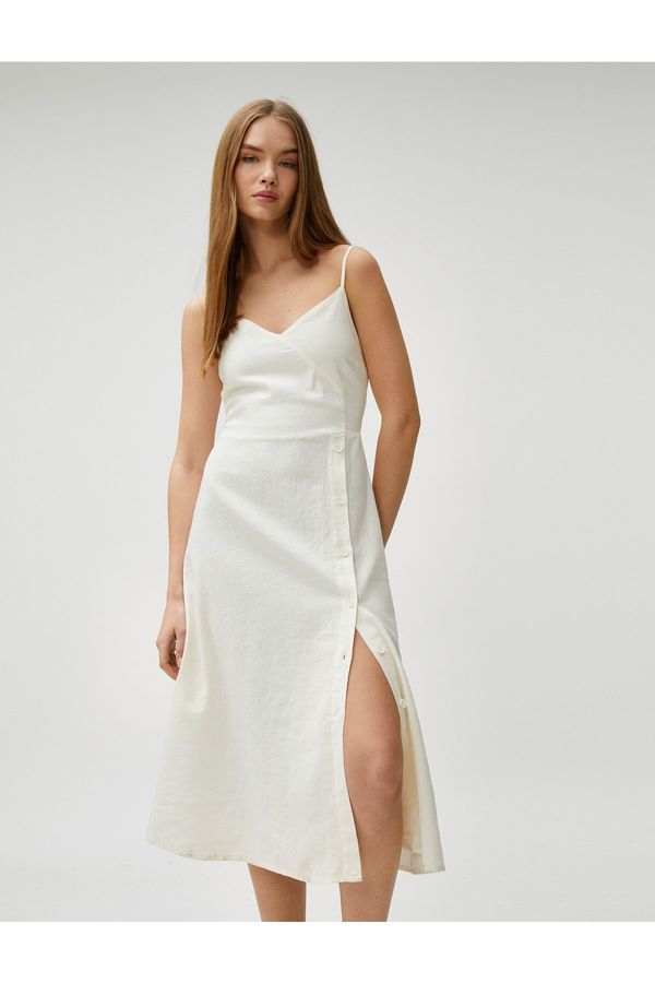 Koton Koton Thin Straps Midi Midi Dress with Slits and Buttons in the Front Linen-Mixed