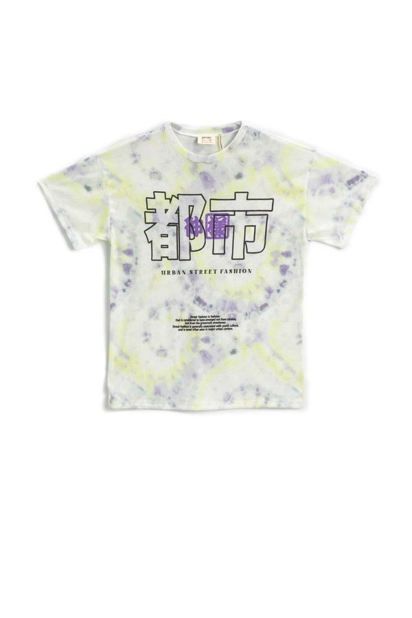 Koton Koton Tie-Dyeing Patterned T-Shirt with Motto Print Short Sleeves Crew Neck.