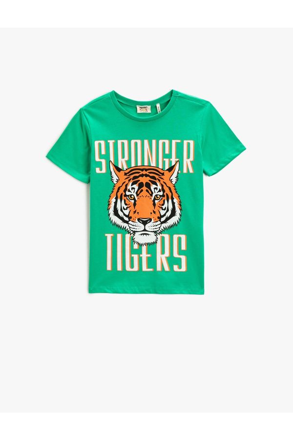 Koton Koton Tiger Print T-Shirt with Short Sleeves, Crew Neck Cotton
