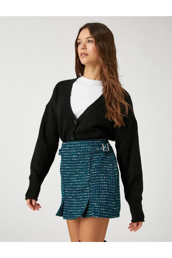 Koton Koton Tweed Short Skirt Wool Blended Mini Pleated Side Buckle Detailed Patterned