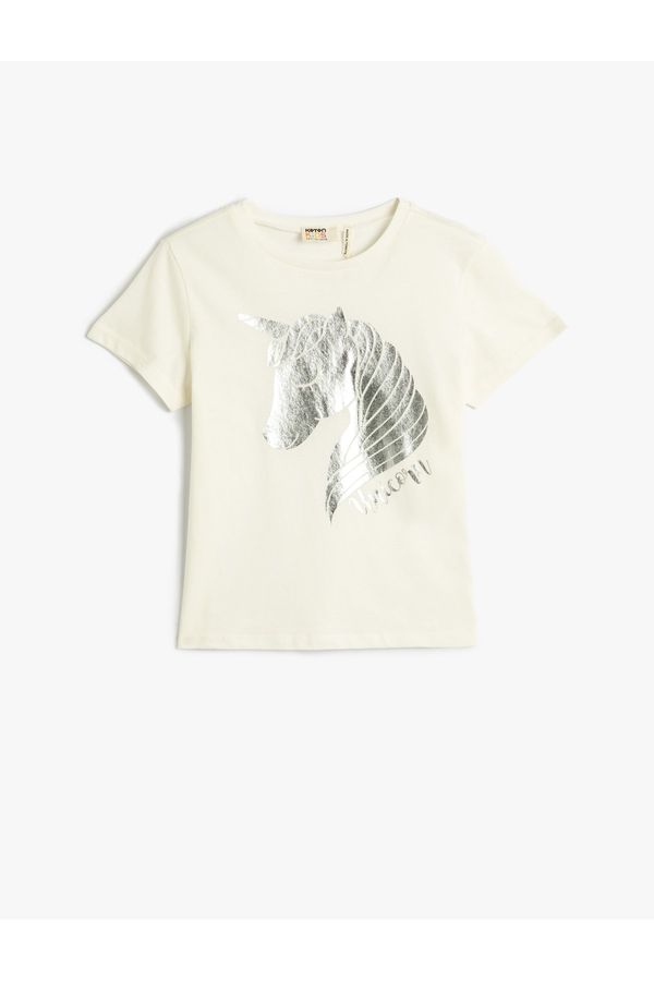 Koton Koton Unicorn T-Shirt with a Shiny Print Short Sleeve Crew Neck Cotton