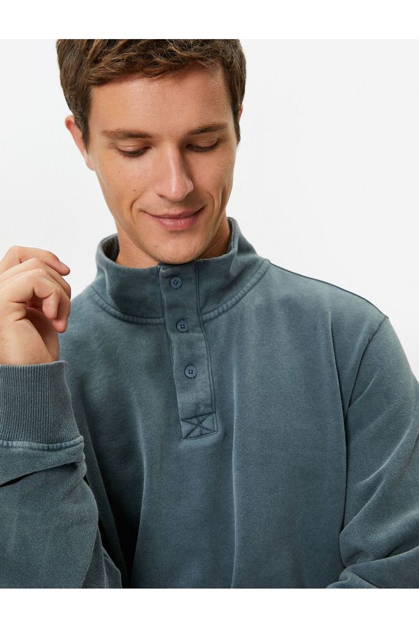 Koton Koton Washed Sweatshirt Stand Collar Button Detailed Cotton