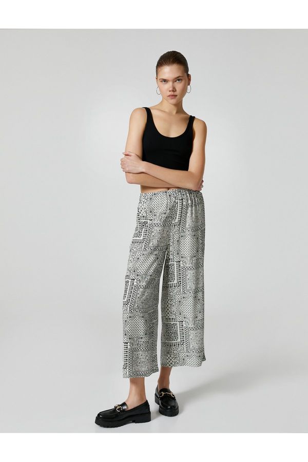 Koton Koton Wide Leg Comfort Cut Trousers Geometric Patterned Elastic Waist Viscose Fabric Blended