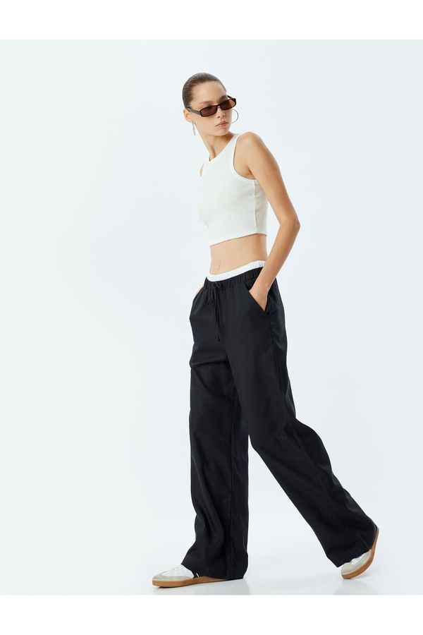 Koton Koton Wide Leg Linen Blend Double Waist Detailed Lace-Up Pocket Trousers