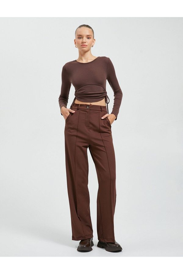 Koton Koton Wide Leg Trousers Fabric Ribbed Buttons