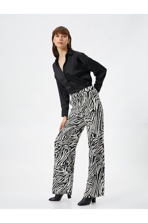 Koton Koton Wide Leg Trousers Zebra Patterned High Waist Zippered Viscose Blend.