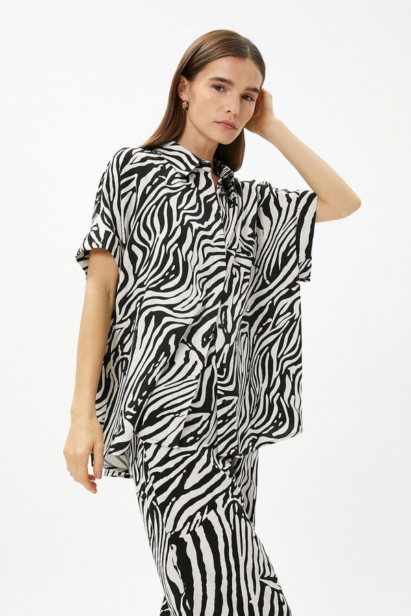 Koton Koton Women's Melis Ağazat X - Zebra Patterned Short Sleeve Linen Shirt 3sak60155ew