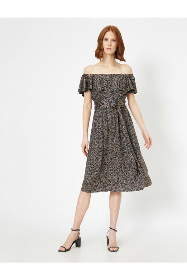 Koton Koton Women's Metallic Leopard Print Dress Evening Dress Low Shoulder Waist Tie Detailed Midi Length