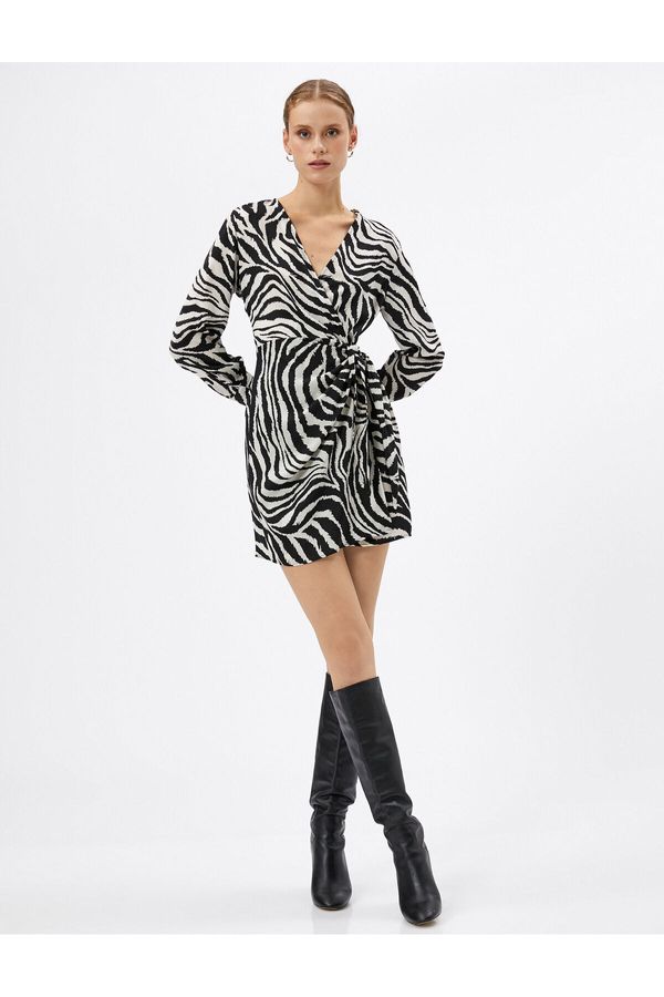 Koton Koton Zebra Patterned Dress Mini Wrapped Long Sleeves V-neck