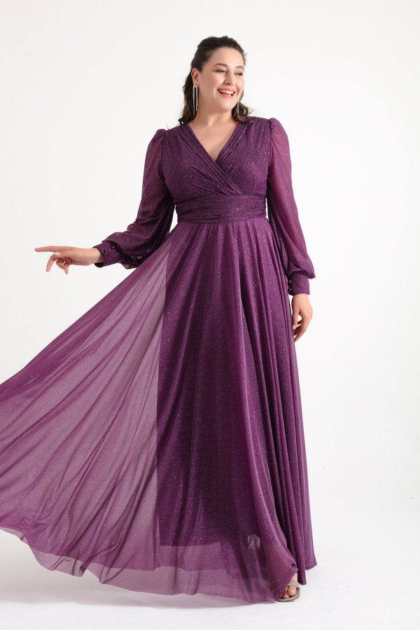 Lafaba Lafaba Women&#39;s Plum V-Neck Silvery Long Plus Size Evening Dress