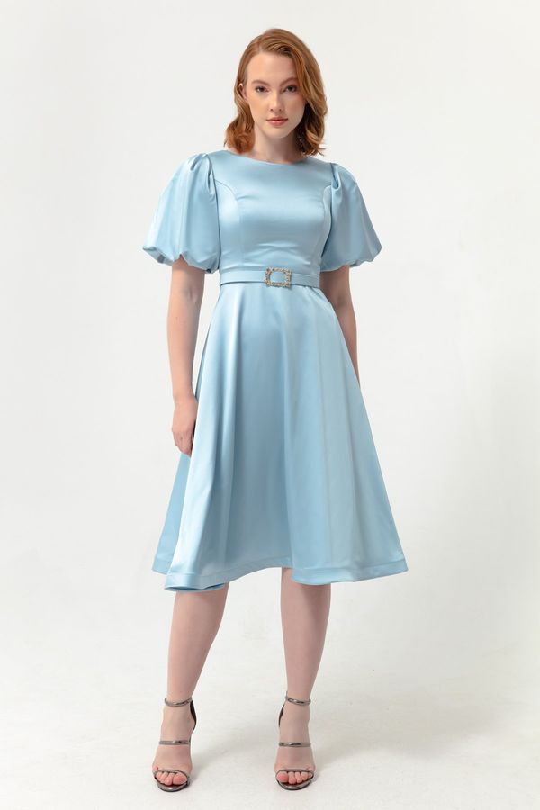 Lafaba Lafaba Women's Baby Blue Balloon Sleeves and Stones Belted Mini Satin Evening Dress.