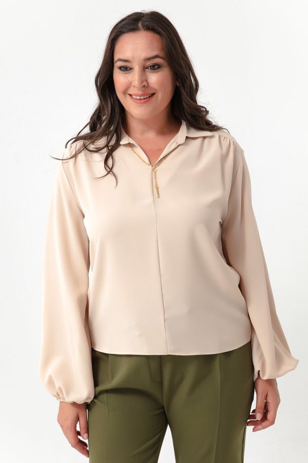 Lafaba Lafaba Women's Beige Long Sleeved Plus Size Blouse with Necklace
