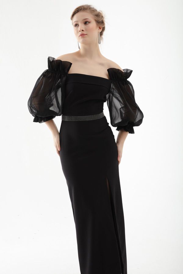 Lafaba Lafaba Women's Black Balloon Sleeve and Stone Belted Long Evening Dress