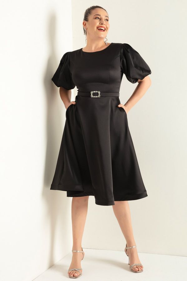 Lafaba Lafaba Women's Black Balloon Sleeve Stone Belted Plus Size Satin Evening Dress