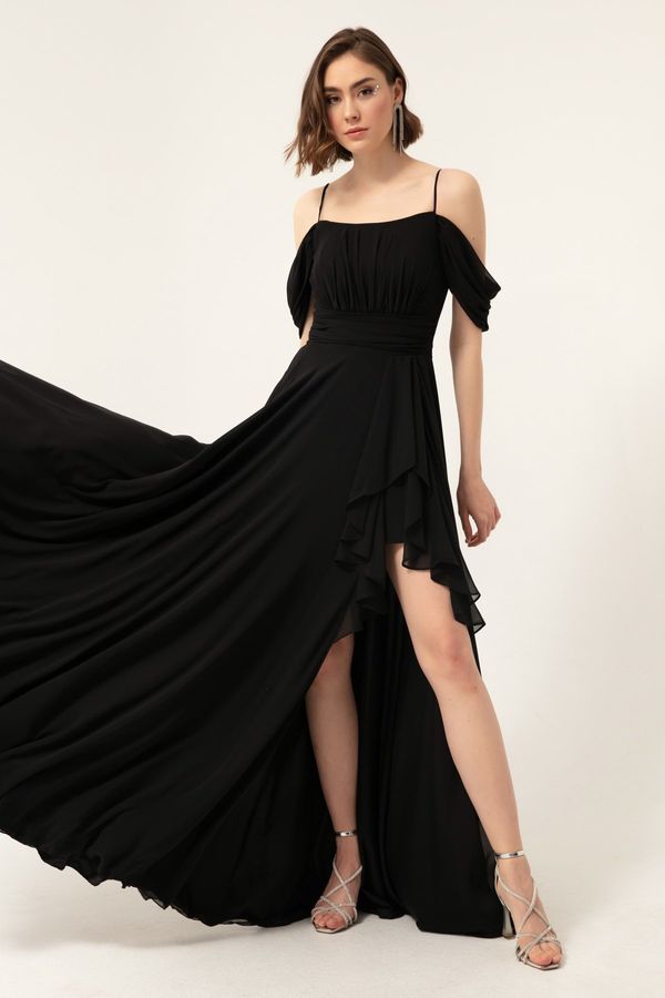 Lafaba Lafaba Women's Black Boat Collar Chiffon Evening Dress