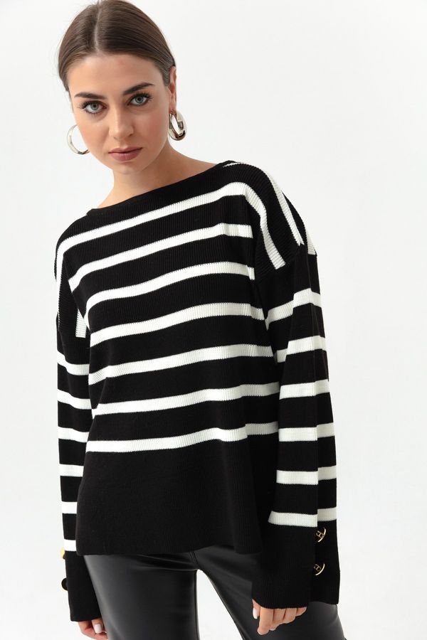 Lafaba Lafaba Women's Black Boat Neck Striped Knitwear Sweater