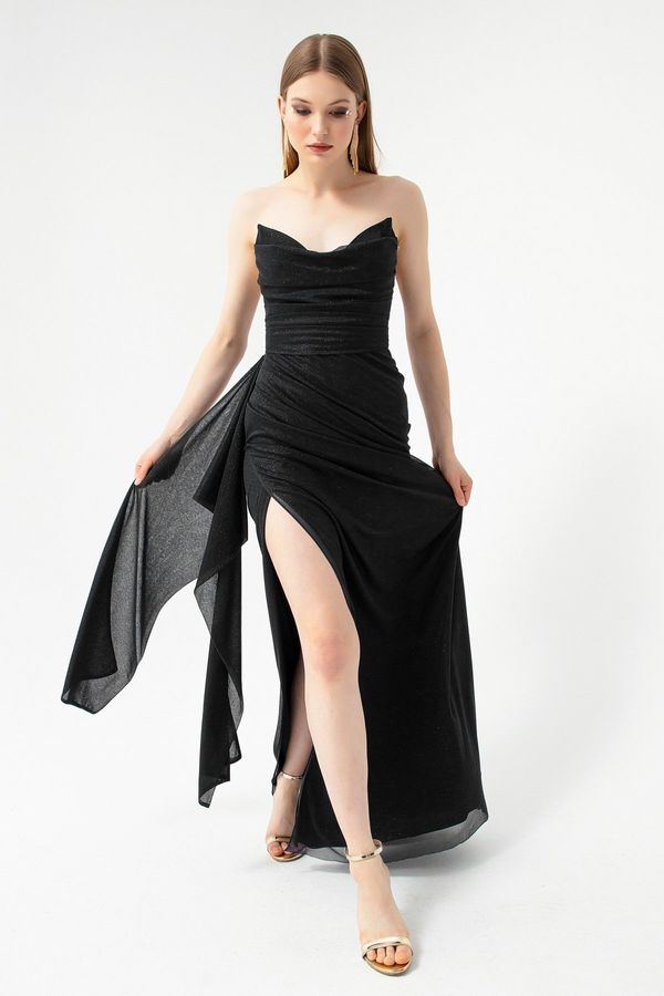Lafaba Lafaba Women's Black Chest Draped Slit Glitter Evening Dress