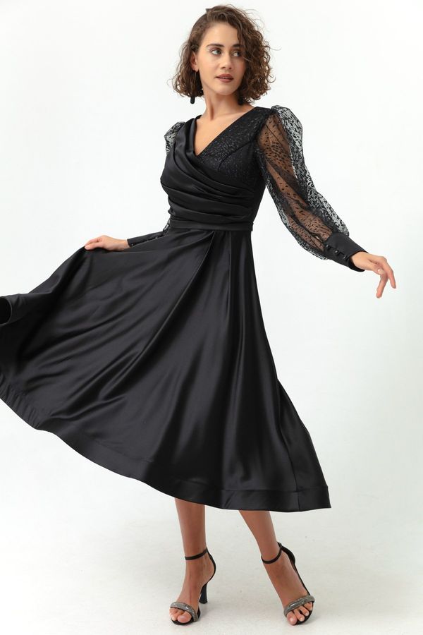Lafaba Lafaba Women's Black Double Breasted Collar Glitter Midi Satin Evening Dress