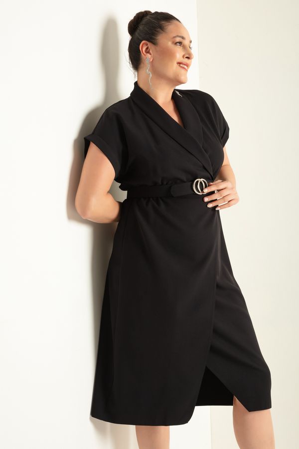 Lafaba Lafaba Women's Black Double Breasted Neck Belted Plus Size Midi Dress