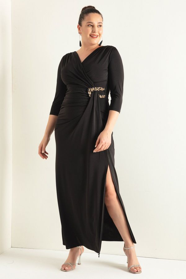 Lafaba Lafaba Women's Black Double Breasted Neck Fain Sleeve Plus Size Long Evening Dress
