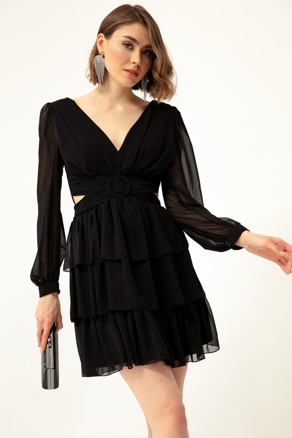 Lafaba Lafaba Women's Black Frilled Decollete Mini Chiffon Evening Dress.