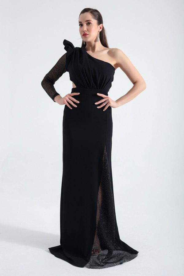 Lafaba Lafaba Women's Black One-Shoulder Striped Lace Detailed Long Evening Dress