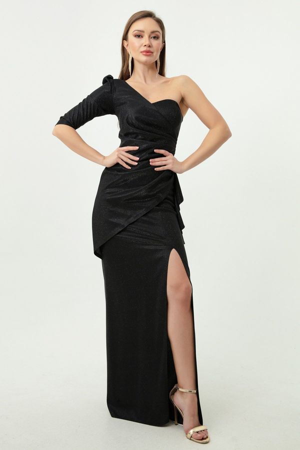 Lafaba Lafaba Women's Black One-Sleeve Glittery Long Evening Dress