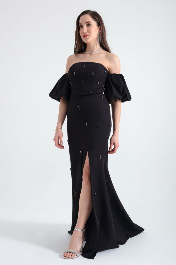 Lafaba Lafaba Women's Black Pearl Sleeve Detailed Long Evening Dress