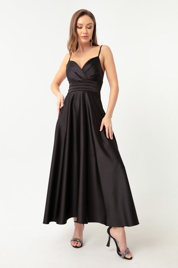 Lafaba Lafaba Women's Black Satin Midi Evening Dress with Straps and Waist Belt &; Prom Dresses