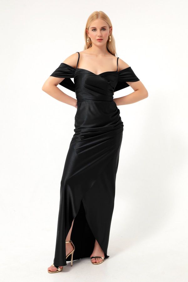 Lafaba Lafaba Women's Black Thin Straps Double Breasted Neck Slit Long Evening Dress.