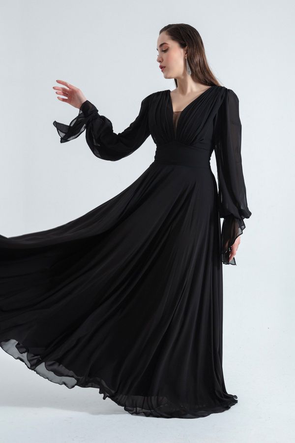 Lafaba Lafaba Women's Black V-Neck Long Chiffon Evening Dress