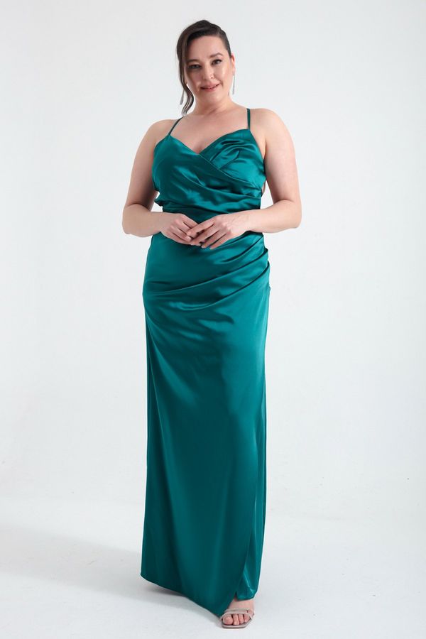 Lafaba Lafaba Women's Emerald Green Decollete Long Plus Size Evening Dress with Slit