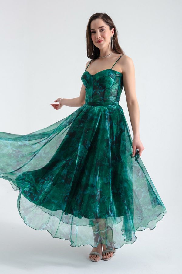 Lafaba Lafaba Women's Emerald Green Design Organza Evening Dress