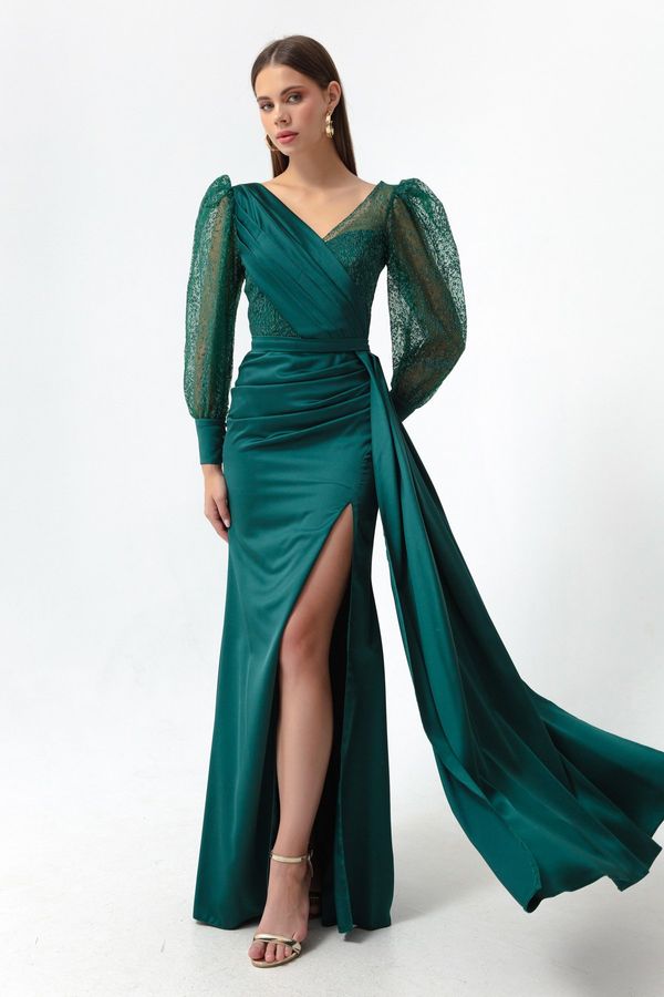 Lafaba Lafaba Women's Emerald Green, Double Breasted Collar, Glittery Long Satin Evening Dress.