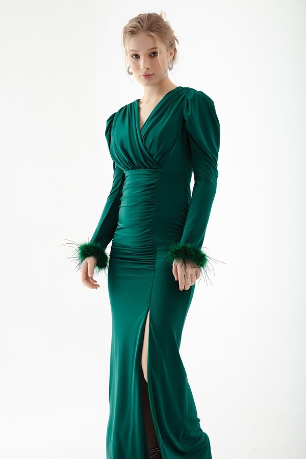 Lafaba Lafaba Women's Emerald Green Double Breasted Neck Sleeves Feather Slit Evening Dress
