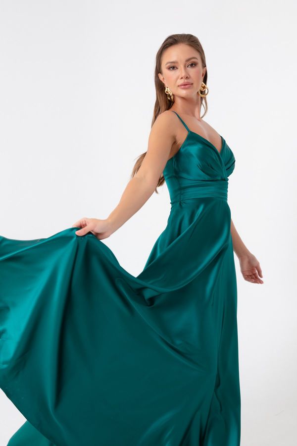 Lafaba Lafaba Women's Emerald Green Long Satin Evening Dress &; Prom Dress with Thread Straps and Waist Belt